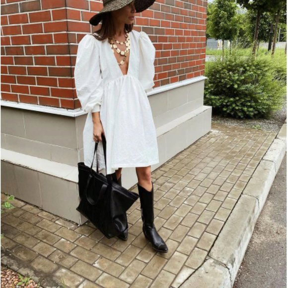 White Vneck Puff Sleeve Dress - Picture 3 of 6